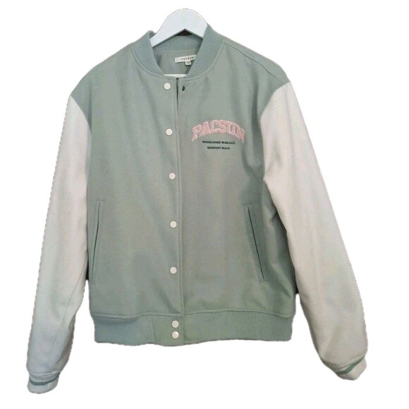 Pacsun Newport Beach Varsity Letterman Jacket Women XS/S Mint Green Ivory Clean - Picture 4 of 8